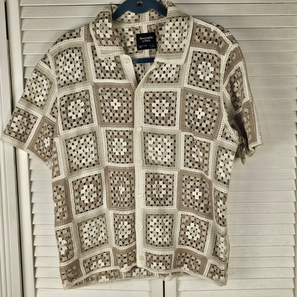 Abercrombie & Fitch Mens Beige White Granny Square Knit Cardigan Sweater Small - Picture 1 of 5